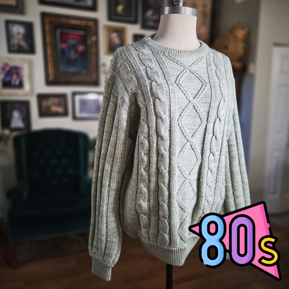 Vintage 80s London‎ Fog Cable Knit Sweater Light Blue Crew Neck Long Sleeve